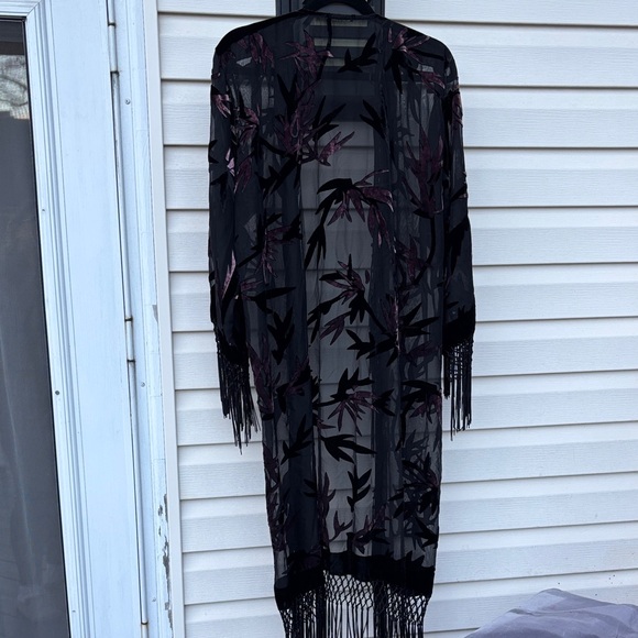 JayLey Ladies Silk Black Fringe Sheer Pink Velvet Top Boho Kimono Cardigan - Picture 14 of 16